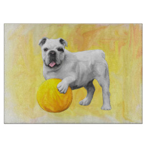 Bulldog Playing with Ball Watercolor Art Painting Cutting Board