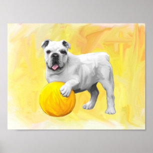 Bulldog Playing with Ball Watercolor Art Painting Poster