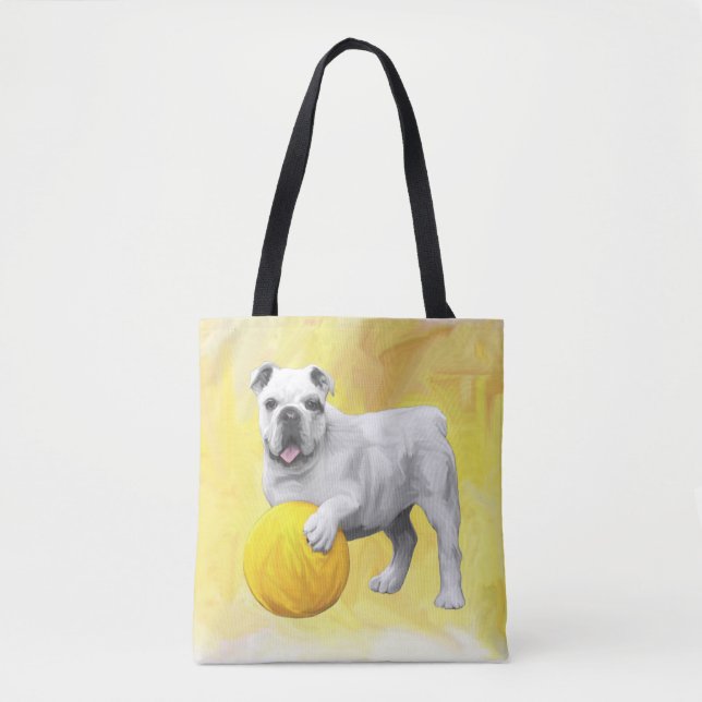 Bulldog Playing with Ball Watercolor Art Painting Tote Bag (Front)