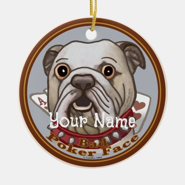 Bulldog Poker Face Ceramic Tree Decoration (Front)