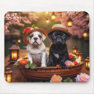 Bulldog & Pug Puppies in Floral Boat Mouse Pad