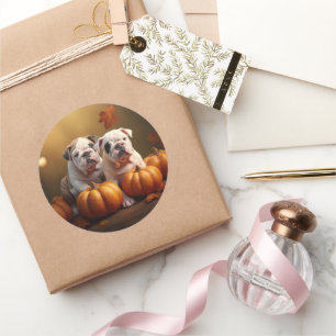 Bulldog Puppy Autumn Delight Pumpkin  Classic Round Sticker