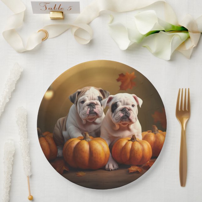 Bulldog Puppy Autumn Delight Pumpkin  Paper Plate (Wedding)