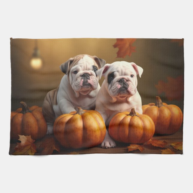 Bulldog Puppy Autumn Delight Pumpkin  Tea Towel (Horizontal)
