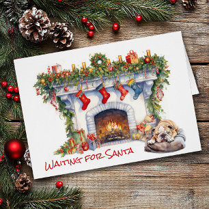 Bulldog Puppy Christmas Fireplace Wait for Santa