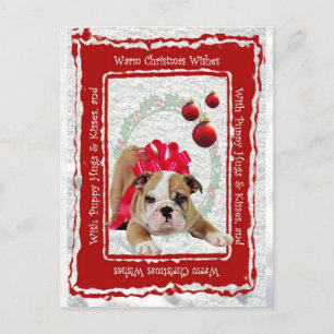 Bulldog Puppy Hugs & Kisses and Christmas Wishes Holiday Postcard