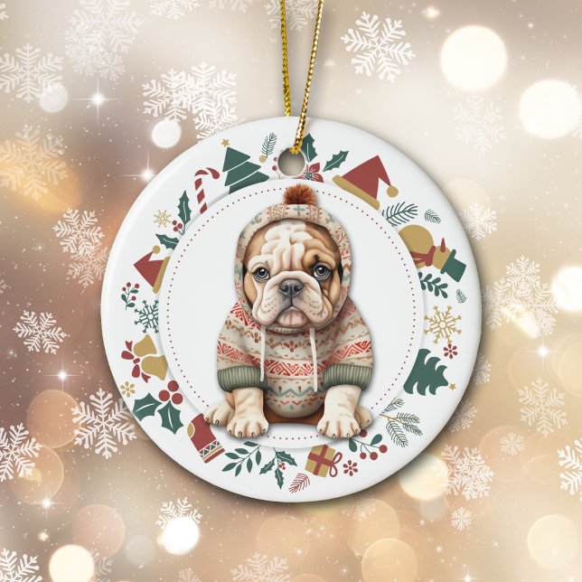 Bulldog Puppy in Winter Sweater Christmas Ceramic Tree Decoration (Creator Uploaded)