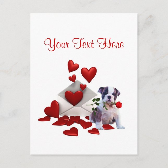Bulldog Puppy Red Rose Valentine Design Holiday Postcard (Front)
