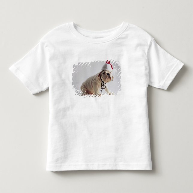 Bulldog Puppy Wearing Santa Hat Toddler T-Shirt (Front)