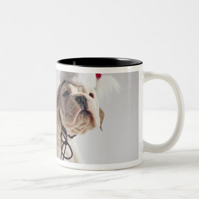 Bulldog Puppy Wearing Santa Hat Two-Tone Coffee Mug (Right)