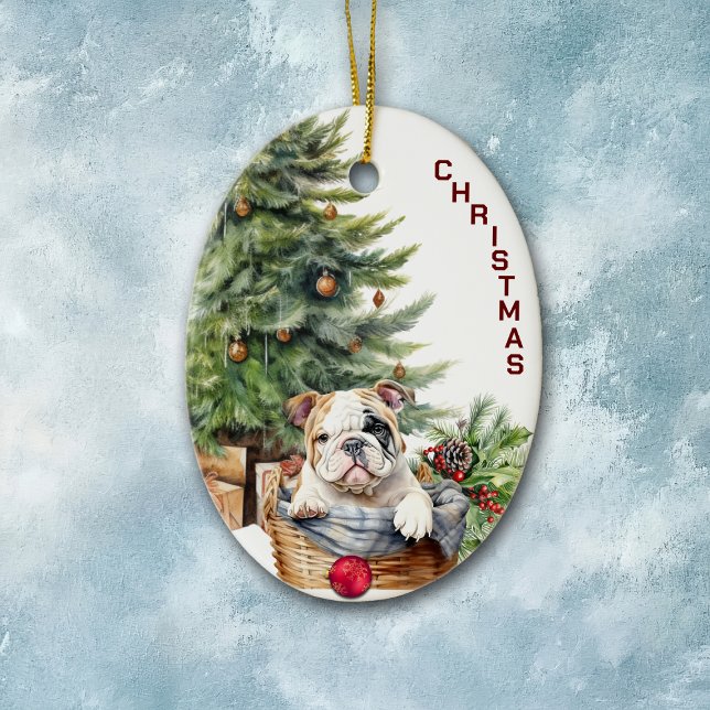 Bulldog Puppy Wicker Basket Christmas Ceramic Tree Decoration (Creator Uploaded)