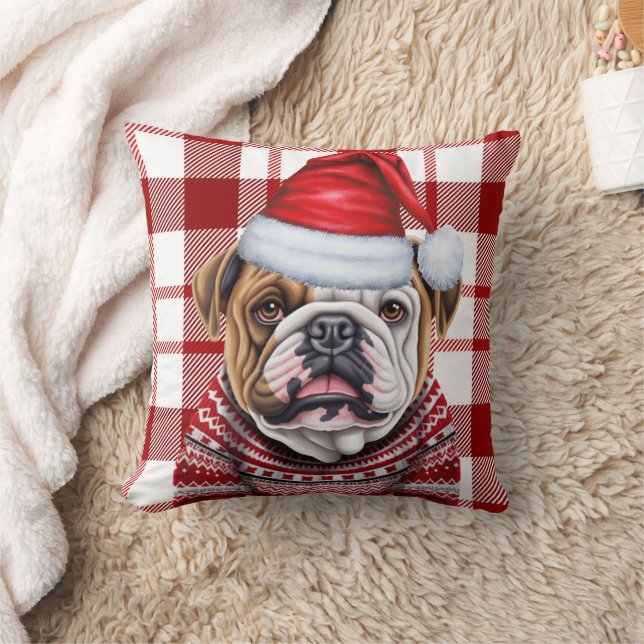 Bulldog Red and White Plaid Christmas Holiday Cushion (Blanket)