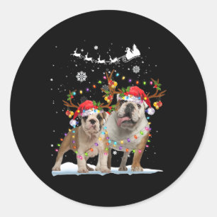 Bulldog Reindeer Santa Hat Xmas Lights Christmas X Classic Round Sticker