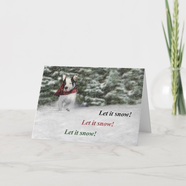 Bulldog Rescue Pup Dashing through the Snow Holiday Card (Front)
