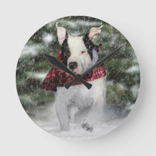 Bulldog Rescue Pup Dashing through the Snow Round Clock