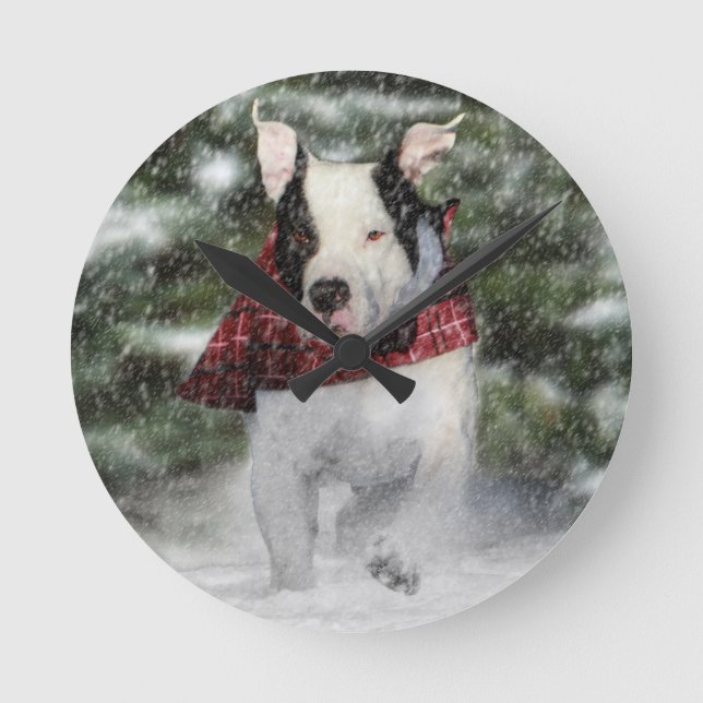 Bulldog Rescue Pup Dashing through the Snow Round Clock (Front)