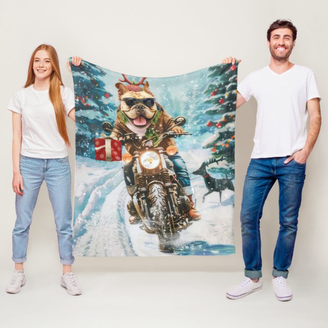 Bulldog Riding Motorcycle Christmas Fleece Blanket (In Situ)
