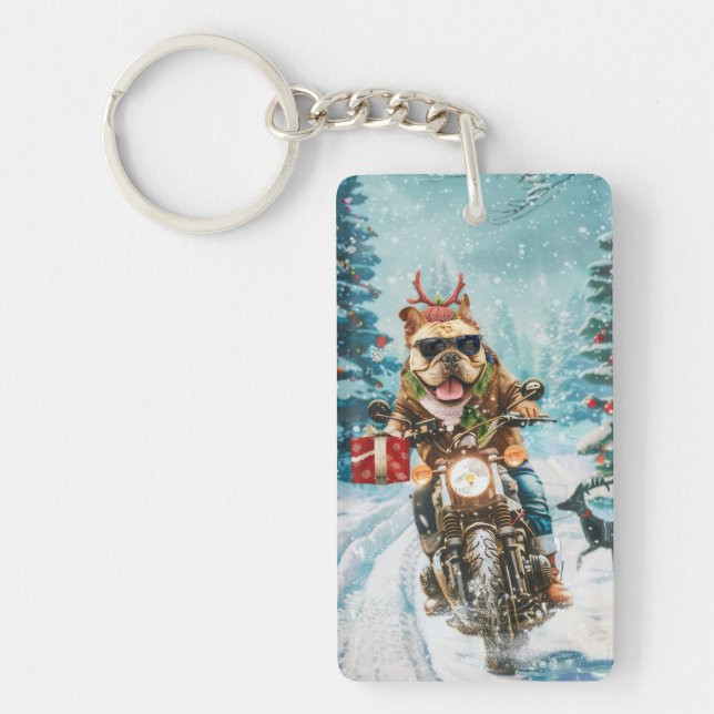 Bulldog Riding Motorcycle Christmas Key Ring (Front)