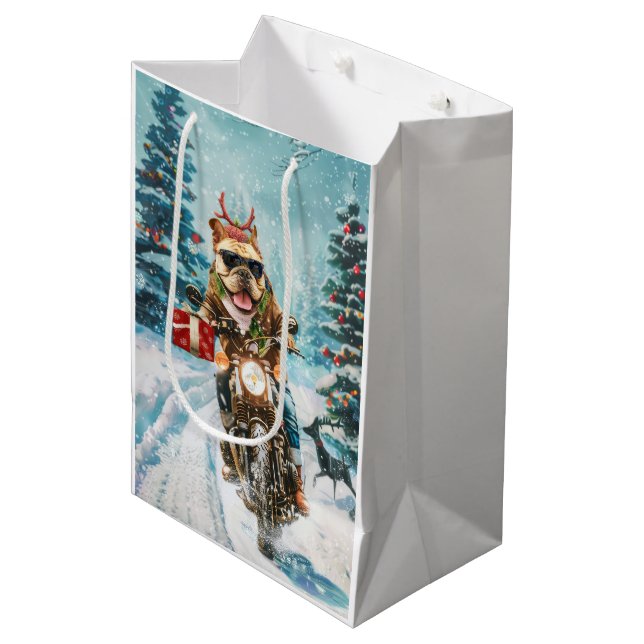 Bulldog Riding Motorcycle Christmas Medium Gift Bag (Front Angled)