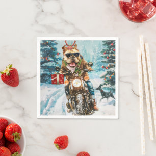 Bulldog Riding Motorcycle Christmas Napkin