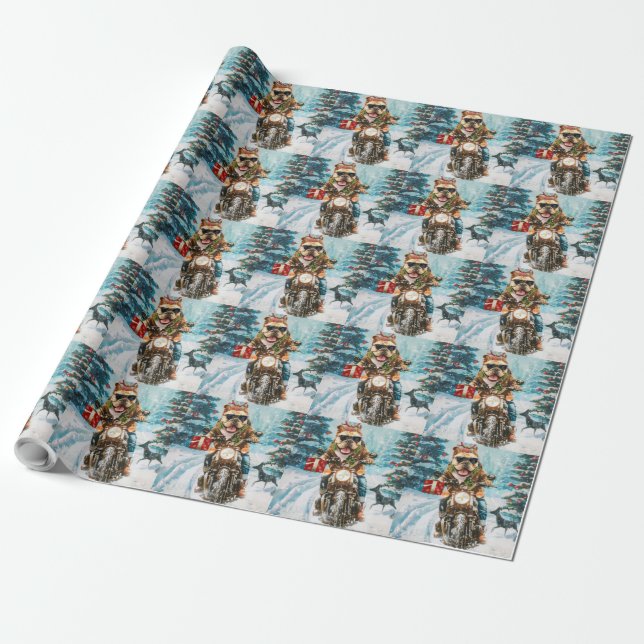 Bulldog Riding Motorcycle Christmas Wrapping Paper (Unrolled)