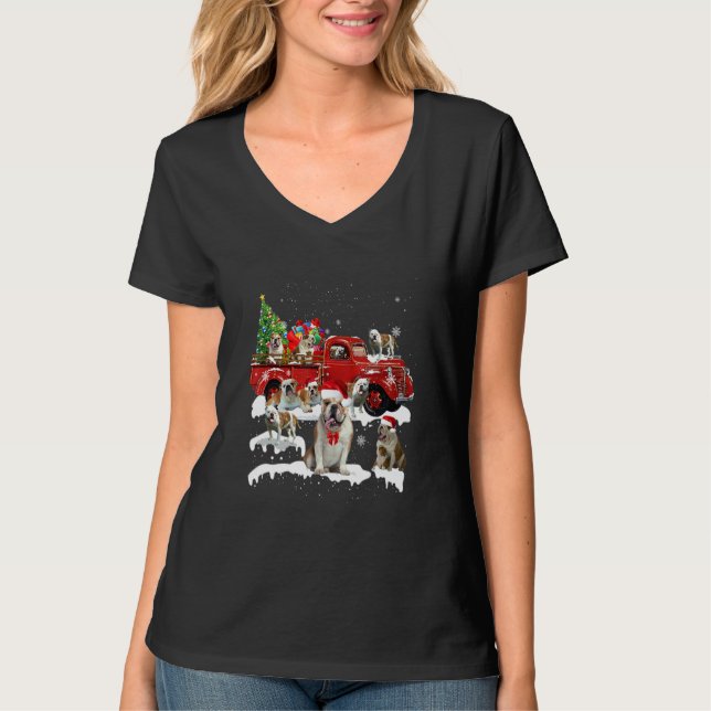Bulldog Riding Red Truck Xmas Merry Christmas T-Shirt (Front)