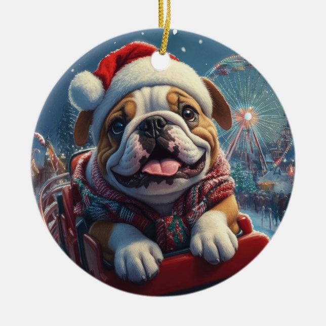 Bulldog Roller Coaster Christmas Ceramic Tree Decoration (Front)