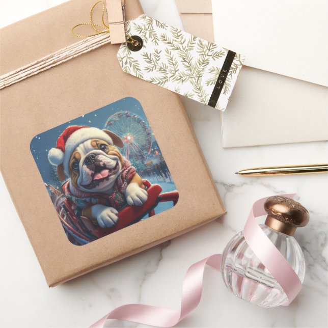Bulldog Roller Coaster Christmas Square Sticker (Gifting)