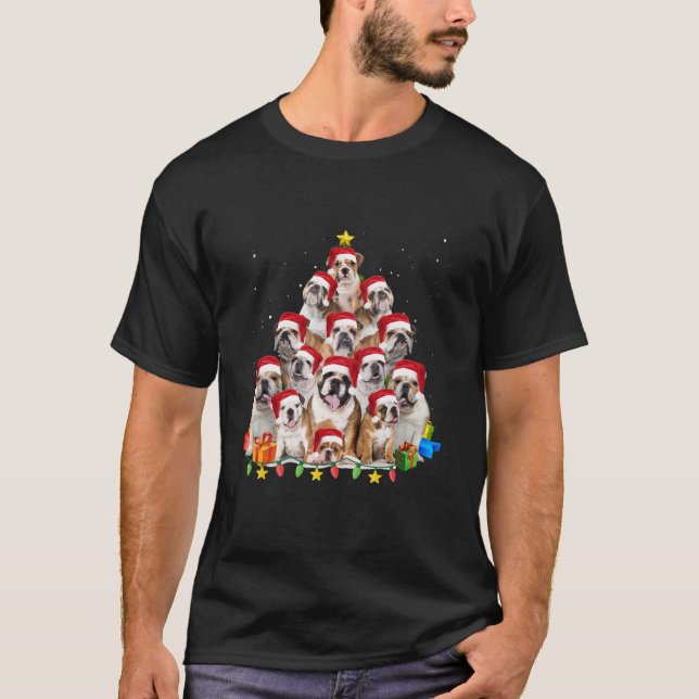 Bulldog Santa Christmas Tree Lights Boys Girls Mer T-Shirt (Front)