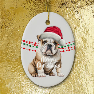Bulldog Santa Hat Holiday Beads Ceramic Tree Decoration