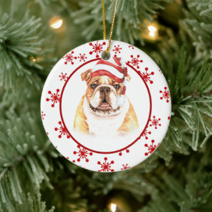 Bulldog Santa Hat Red Snowflake Christmas Ceramic Tree Decoration