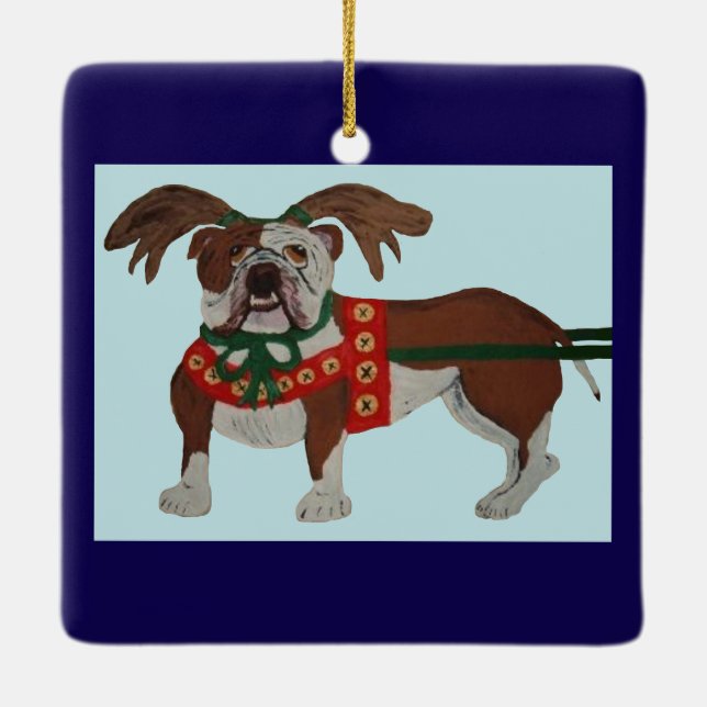 Bulldog Santa's Reindeer Ceramic Ornament (Back)
