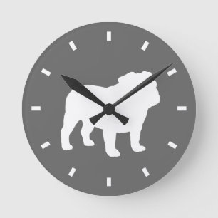 Bulldog Silhouette Grey and White Dog Lover's Round Clock