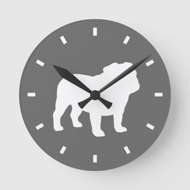 Bulldog Silhouette Grey and White | Dog Lover's Round Clock (Front)