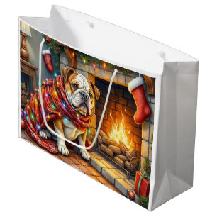 Bulldog Sitting by Fireplace with Christmas Lights Large Gift Bag