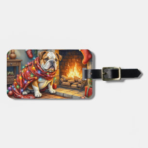 Bulldog Sitting by Fireplace with Christmas Lights Luggage Tag