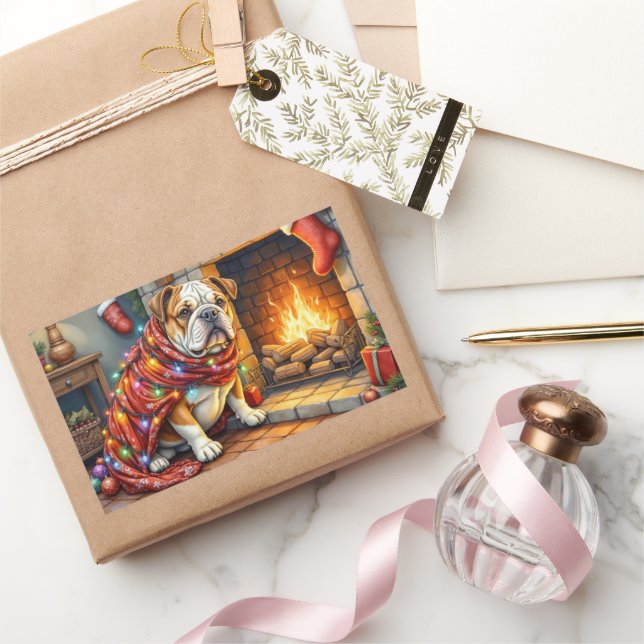 Bulldog Sitting by Fireplace with Christmas Lights Rectangular Sticker (Gifting)