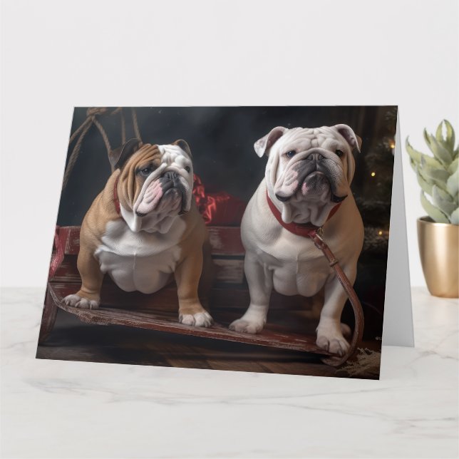 Bulldog Snowy Sleigh Christmas Decor Card (Small Plant)