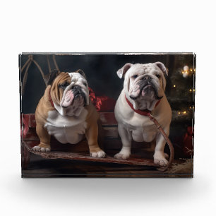 Bulldog Snowy Sleigh Christmas Decor Photo Block