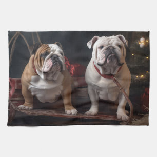 Bulldog Snowy Sleigh Christmas Decor Tea Towel