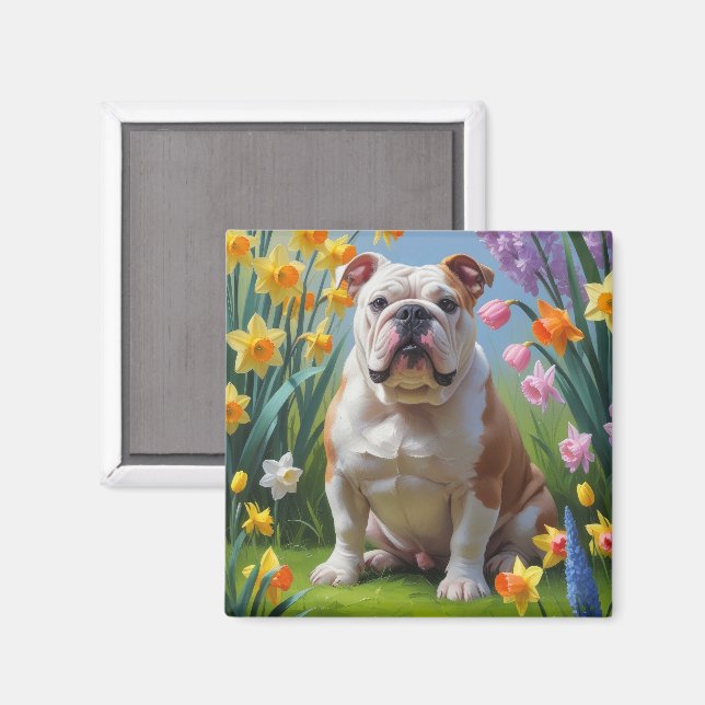 Bulldog Spring Flowers Painting Magnet (Front/Back)