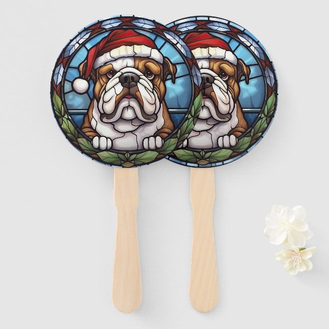 Bulldog Stained Glass Christmas  Hand Fan (Front and Back)