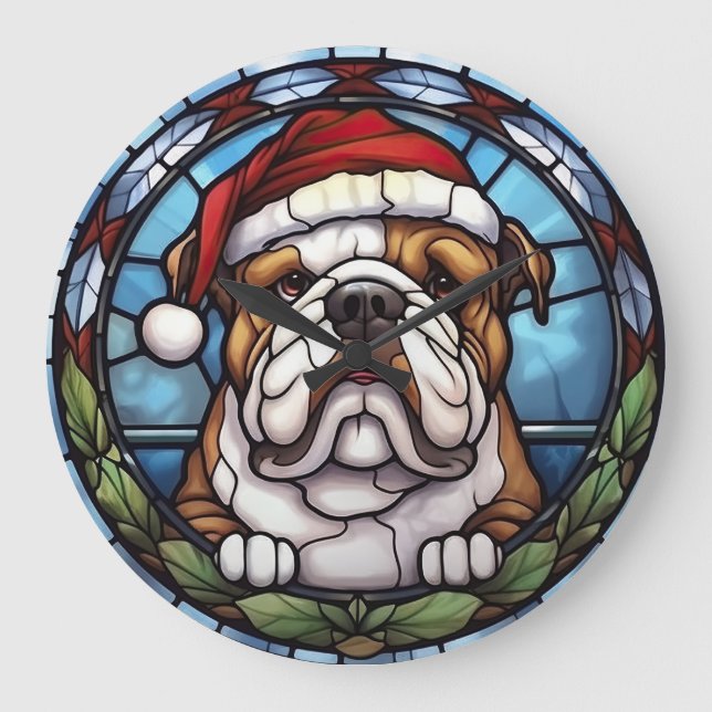Bulldog Stained Glass Christmas  Large Clock (Front)