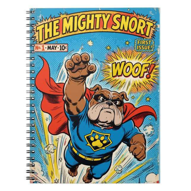 Bulldog Superhero Flying with Cape Notebook (Front)
