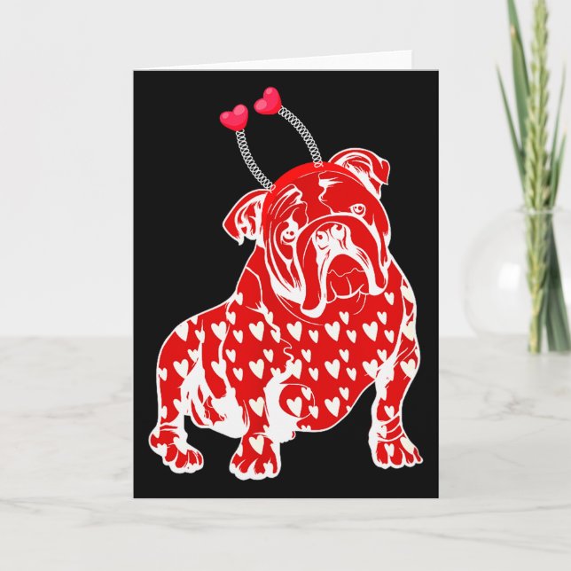 Bulldog Valentine Day Plaid Heart Pattern Dog Head Card (Front)