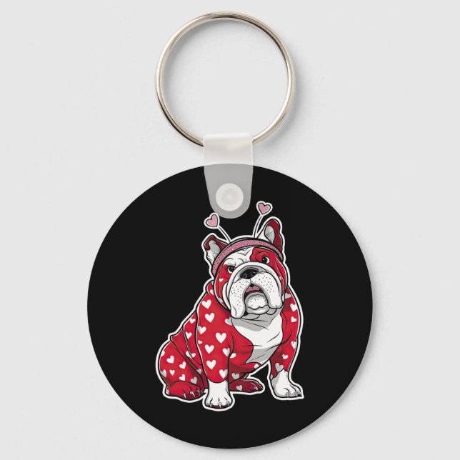 Bulldog Valentine Day Plaid Heart Pattern Dog Head Key Ring (Front)