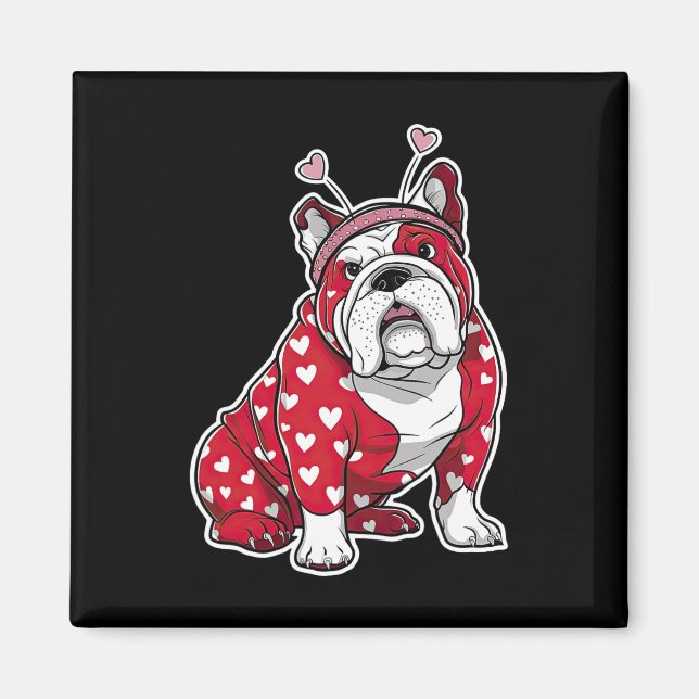 Bulldog Valentine Day Plaid Heart Pattern Dog Head Magnet (Front)