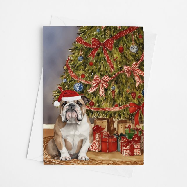 Bulldog Watercolor Under Christmas Tree Card (Creator Uploaded)
