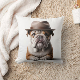 Bulldog Wearing a Fedora Cushion