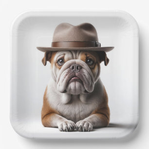 Bulldog Wearing a Fedora Paper Plate